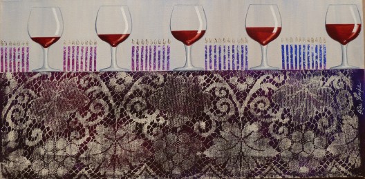 Birthday Bonuses Acrylic on canvas 71cmx36cm Dad kept a keg of ‘tokay’ for the parents’ occasional pre-dinner drink. We children were allowed to have a tiny bit when about 7-years old. This increased slightly with each birthday. [The printed pattern is from my grandmother’s table cloth.] 