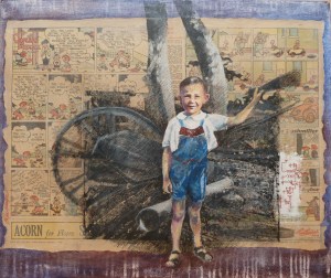 First Friend Coloured pencil, collage & photo transfer on canvas 61cmx51cm Geoffrey Donald (3-years old in this picture) was the eldest of my three younger brothers, and only 13 months younger than myself. He was totally absorbed in anything mechanical, and his first drawings were of electrical circuits. Here he is in his favourite place, dad’s ‘scrap metal heap’. The circuit here is traced from an original, and the paper is from 1946. Just before his 21st birthday Geoff was killed in a road accident. 