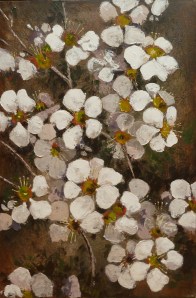 Ti-Tree Time Acrylic on linen 51cmx76cm Wild flowers smothered the scrub in season, especially white Ti—Tree, which we gathered in big bunches. 